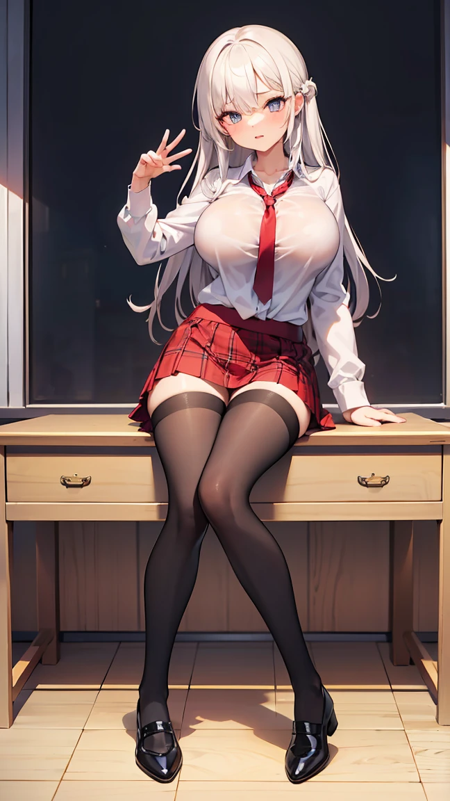 high definition, hentai image of a mature woman, detail butt in close-up, realistic anatomy, big butt, big breasts, thin waist, big hips, sensual legs, sensual feet, short white hair, blue eyes, red lips, with a seductive red miniskirt that clings to her entire body and highlights her curves, a transparent white blouse that reveals her underwear, a red bra that cures her large breasts, fishnet stockings up to her thighs held by garter straps, a sensual red thong, red stiletto heels, she is in a sensual position sitting on a desk showing her butt and her legs in a provocative way, holding a pencil in her hand and bringing it to her mouth in a provocative way, while with her other hand she adjusts her hair , in a well-lit office with windows