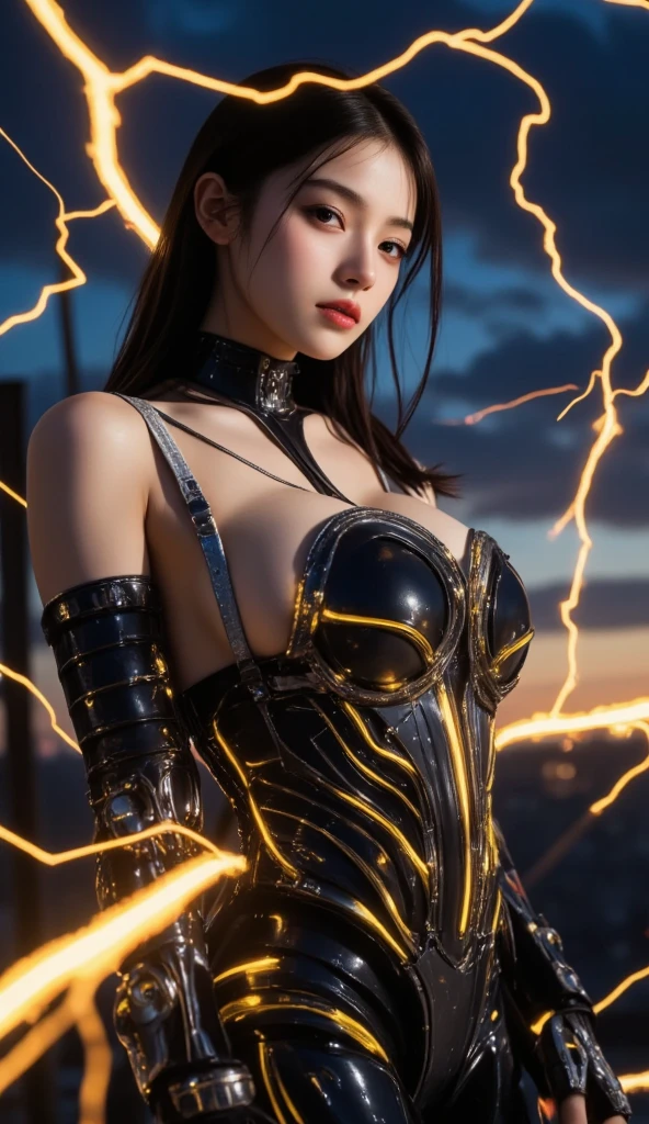 (master piece:1.8), (best quality:1.8), (exquisite lighting and shadow, highly dramatic picture, cinematic lens effect) 8k, wallpaper, looking at the viewer, open arms, female ponytail yellow gold hair on one side thin and short fantasy witch wearing a smooth and futuristic black mini dress with gold ornaments and gold lines, black mini skirt, thin waist, hips, red ribbon in waist, beautiful blue eyes, beautiful lips, beautiful smile, shiny red flame behind, clouds and sky background, ethereal lightning, sharp focus