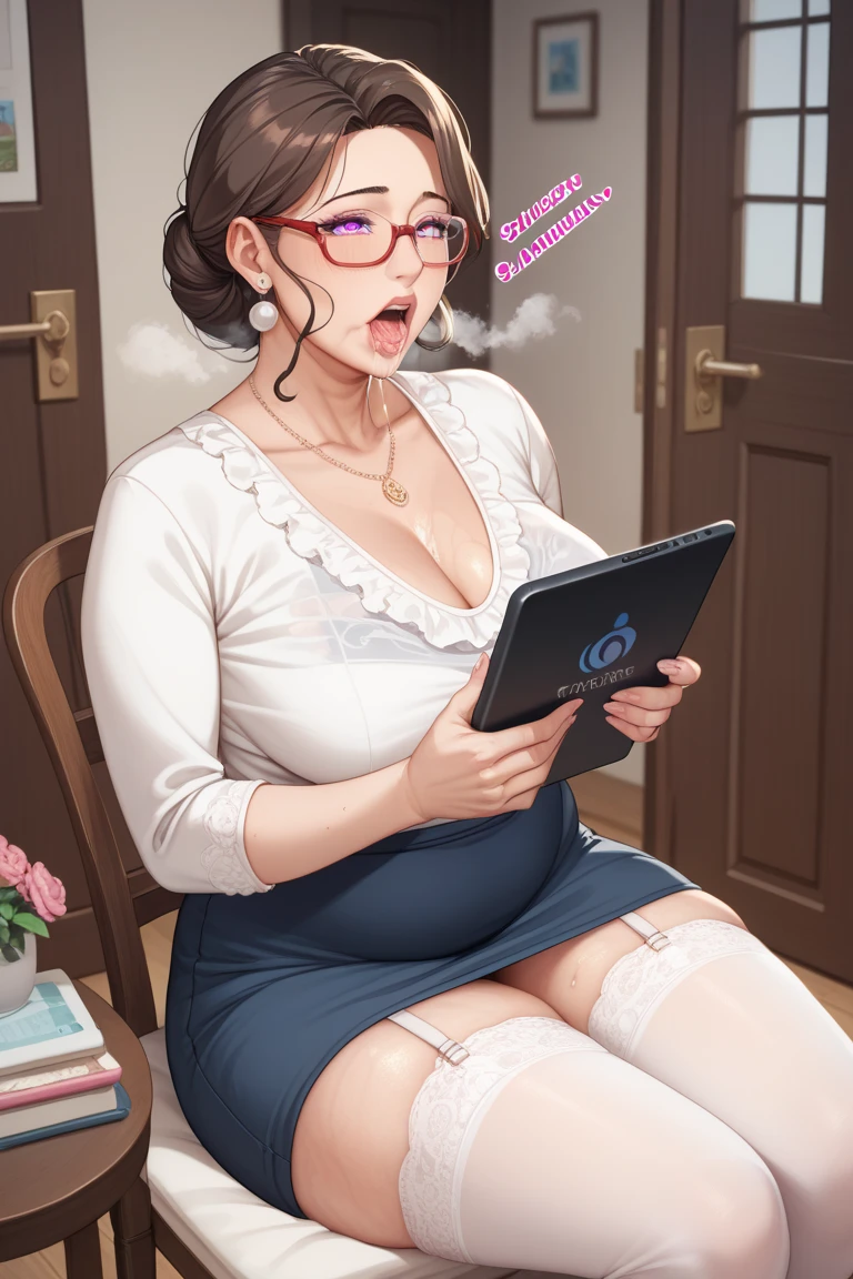 Chubby japan woman (50 years old), Brown long hair, naked with legs wide-open,shaved pussy , in the Office, desktop with papers and laptop, husband with hard cock, xxx, in all fours, vaginal penetration, horny face