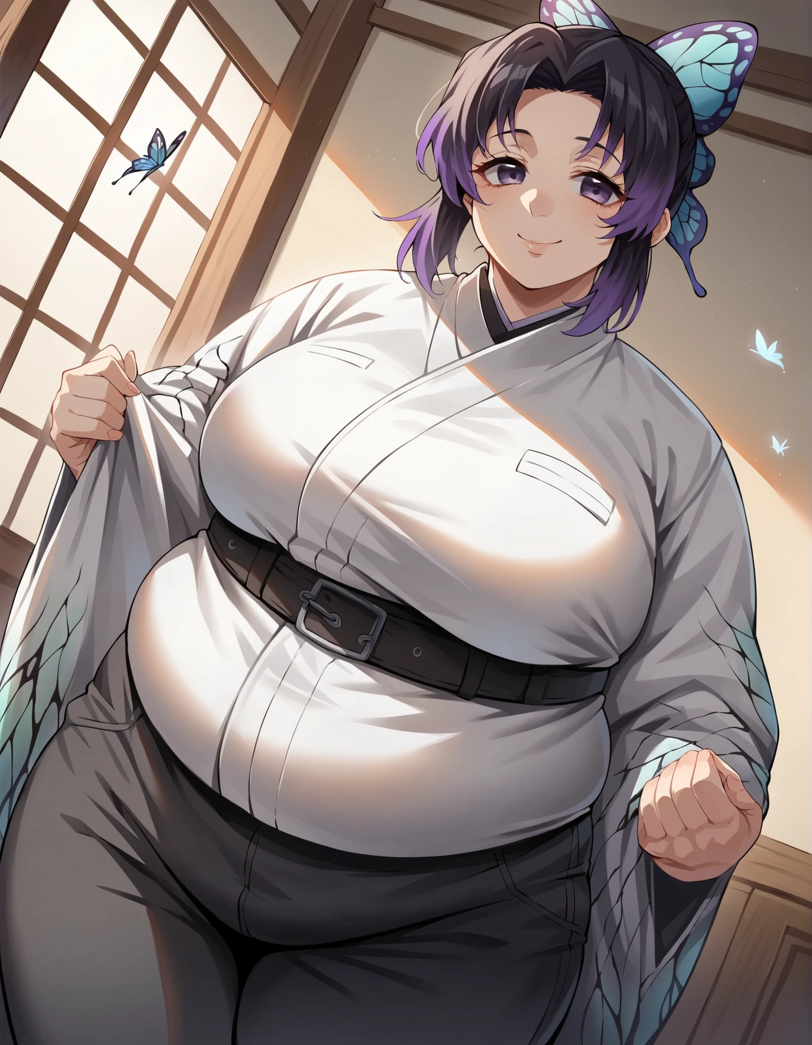 EFT_Shinobu, 1girl, demon slayer uniform, kochou shinobu, butterfly hair ornament, solo, hair ornament, purple hair, multicolored hair, black hair, smile, haori, japanese clothes, gradient hair, , short hair, jacket, bangs, parted bangs, black jacket, , room, indoors, blush, looking down, closed eyes, navel, belly, hands on own belly, lift t-shirt
