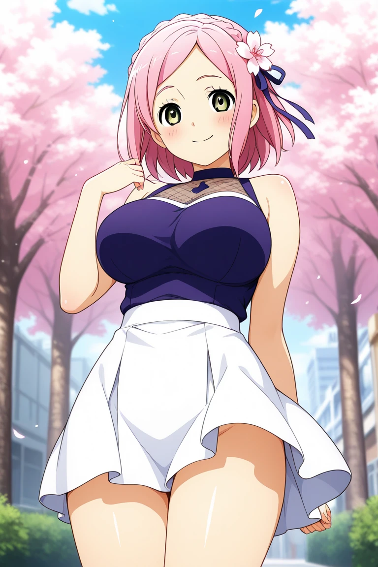 (Masterpiece:1.2, Best quality), ((1girll)), ((Solo)), (finely detailed face:1.3), (beautiful and clear background:1.2), (Extremely detailed CG, Ultra-detailed, Best shadow:1.1), ((Depth of field)), Large breasts, Bare shoulders, Beautiful concept illustration, (Extremely fine and beautiful:1.1), (Perfect details:1.1), Reiju, Masterpiece, A high resolution|★\[A high resolution\], Best quality, (Extremely detailed Cg Unity 8K wallpaper), attractive legs, barefoot, happy, (busty), (perky) (large ass) (bubble butt), AGGA_ST003, human_feet, purple eyes, pink poison, poison wings. short messy hair, hair pink hair thay ends in purple, cleavage, low cut shirt, tight shorts that show off ass, in one piece, pyradef, in a forest