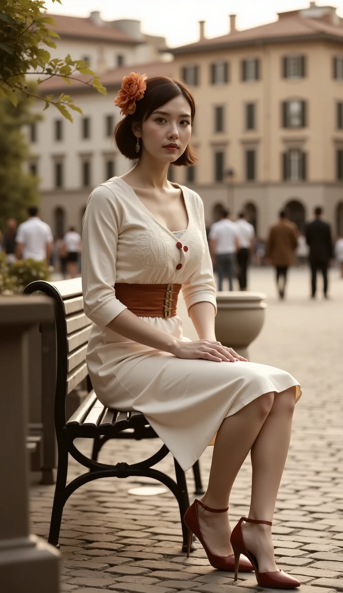 Sepia-toned photograph, movie scene, a lady sitting in Piazza di Spagna in Rome