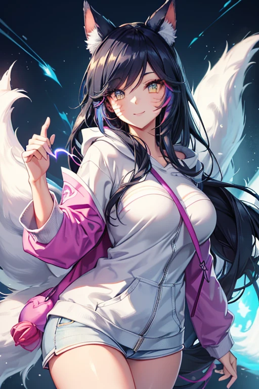 Ahri wearing a casual light grey hoodie,short jeans, beautiful detailed eyes, smiling face, longeyelashes, her tails forming a heart shape behind her, standing on a sidewalk, sun shining, vivid colors, photo-realistic, portraits, medium:illustration. (best quality,ultra-detailed,HDR,colorful vivid appearance,studio lighting)