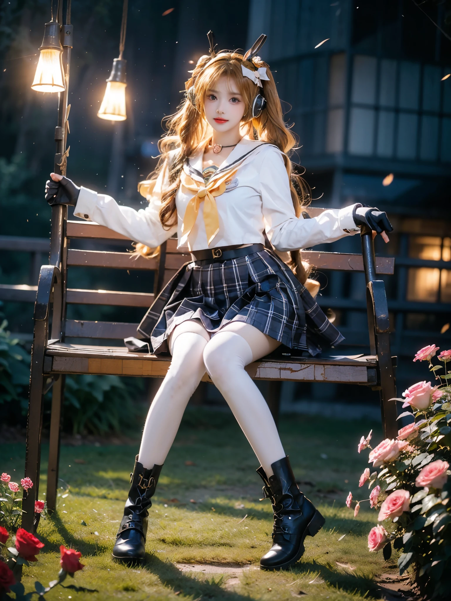 angela cosplay costume, cosplay, orange hair, long hair, twintails, drill hair, school uniform, serafuku, white shirt, shirt, plaid skirt, pleated skirt, sailor collar, choker, belt, gloves, fingerless gloves, bracelet, animal ear headphones, headphones, hair ornament, id card, name tag, single knee pad, bow, hair bow, thighhighs, white thighhighs, boots, ankle boots ,,(full body:1.4),(from below:1.3), photorealistic, exquisitely beautiful sexy long legs model, garden, (Sitting position:1.3), (Full bust, visible cleavage, very short hemline), (Lots of flowers around, roses in the foreground), **seated gracefully on a swinging swing**, gentle swaying motion, romantic atmosphere, night, soft moonlight illuminating the scene, shimmering fireflies dancing around, dreamy, elegant, highly detailed face, perfect anatomy, (eyes looking directly at viewer:1.15), soft and diffused lighting, high resolution, 8k, masterpiece, best quality, dynamic pose, flowing dress, (intricate details:1.1), bokeh background