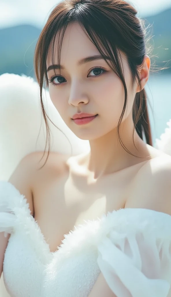 ((((NSFW))))、High resolution、In detail、Highest quality、masterpiece、Anatomically correct、(A young, naked 12-year-old angel: 1.5)、(She has white wings on her back)、Super cute girl、Lying on your back、Spread your legs wide、I can see the vagina、My nipples are erect、Touching nipples with hands、((Big Breasts))、Shy expression、Sweaty and flushed skin、bright midsummer sunshine、Shallow marine blue sea、A large bed floating in the sea、