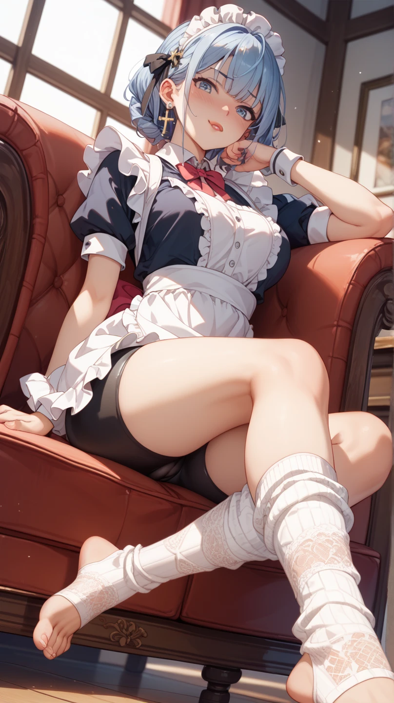 Masterpiece、Highest quality、Highest quality, (long and thin legs, shoes:1.2), Arm behind wrist, squat、Spread your legs、1 girl, (smile、Open your mouth大笑い:1.2), Cute eyes, (Detailed face:1.3)、Open your mouth, The whole face turns red, alone, Big and ample breasts, (Straight bangs, Twin tails), White maid outfit、Side bust、Underbust、belly button、Walking through the mansion&#39;corridor、nsfw