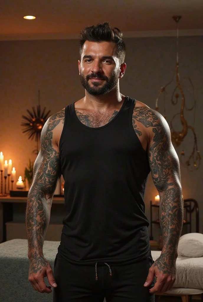 Male, brunette, muscular, blue eyes, light skin, small beard, hunter eyes, Mexican, few tattoos
