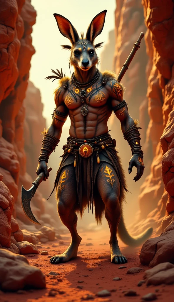 Furry warrior hyena, with an ax in hands 