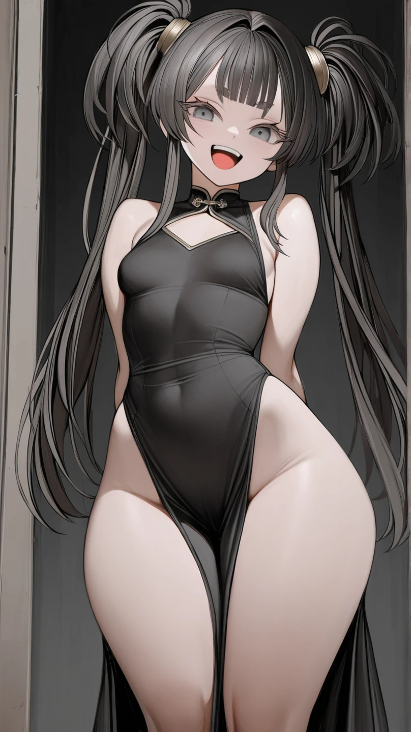 masterpiece, Highest quality,((grin))、black hair girl、beautiful feet、black leotard、((1girls))、crouching、armpits、toddlercon、toddler body