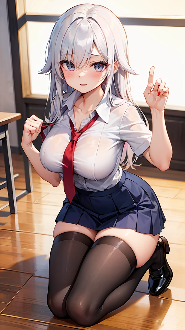 Details, Exposure,, Silver hair, shortcut, Huge, big ass, No bra,no panty,Watch Viewer, profuse sweating,, muscular, vulgar,Schoolgirl girl,open crotch,,show off,front,exposed legs,Squat,pee,