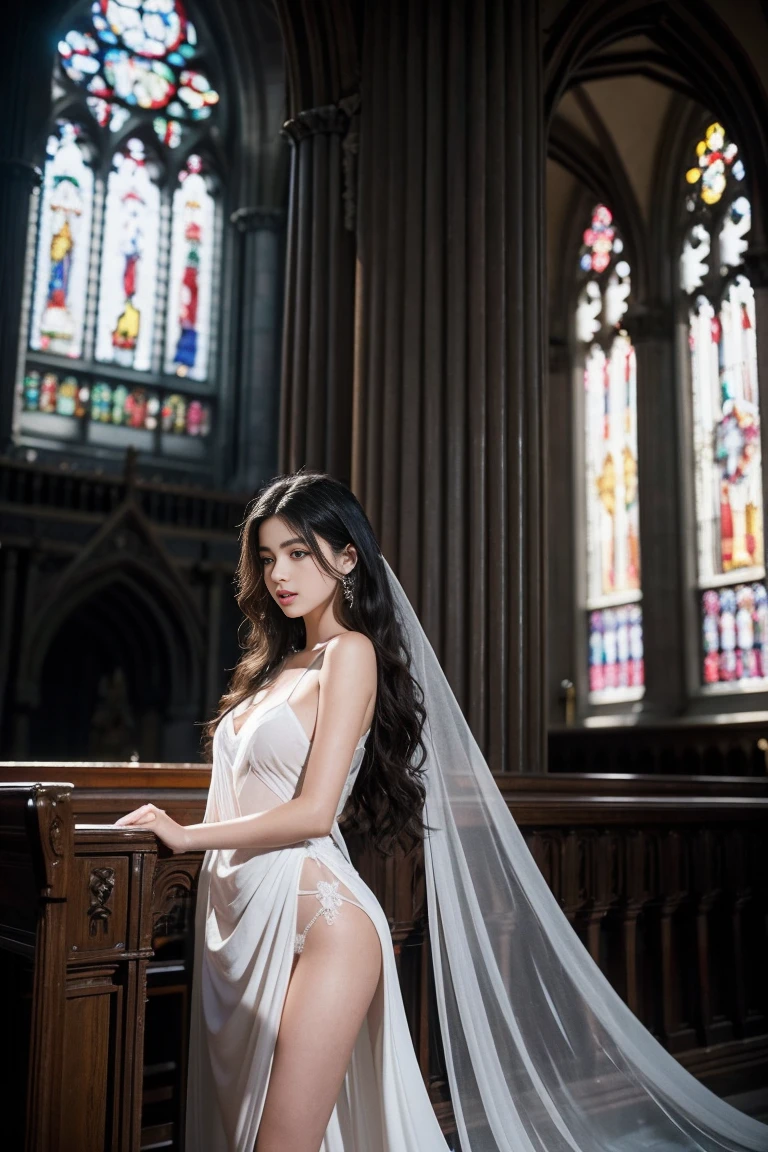 (Highest quality,masterpiece:1.3,Ultra-high resolution),(Very detailed,8K),(Realistic:1.4,RAW shooting)。Blurred Background、The best smile。A cute, petite 20-year-old woman、Full body pose。Plump figure。She is completely naked。Nipples are visible。Wedding Veil。Wedding Gloves。holding a bouquet of flowers。Big Necklace。belly button。pubic hair。White heels。Stand in front of the stained glass in the church。
