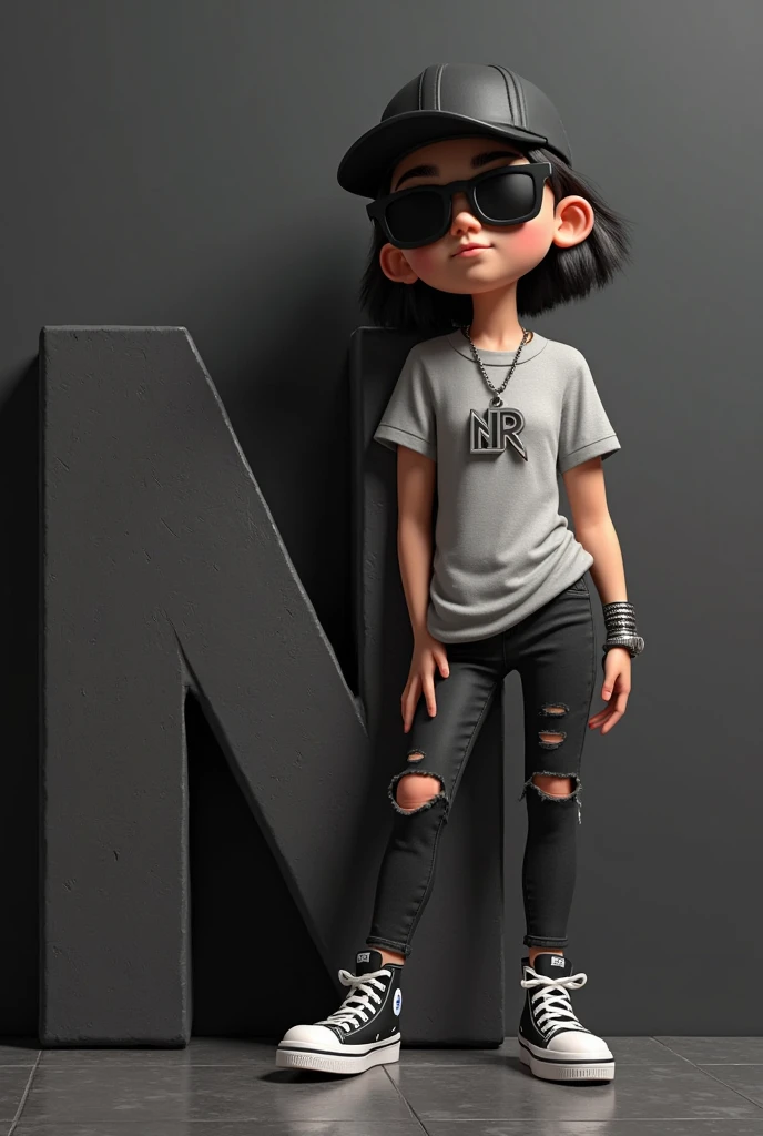 cartoon character, White girl, slim, with a cold look and neutral expression, long straight black hair, eyes black, retracted lips, big square glasses, black t-shirt with a skull design and ripped blue jeans, black boot. in a teenager's room , with a guitar hanging on the bedroom wall, picture on the wall of a skull drawing. photo by full body, drawing in 3D Art style, C4D, Disney style, pixar style render illustration Super Detail (eyes black) (dark shaped eyes) (blackquality hair)