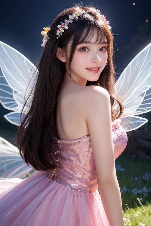 a woman with delicate features,long wavy hair,fairy lingerie set,soft pastel colors,floral details,whimsical garden,oversized flowers,butterflies,extremely detailed face,beautiful detailed eyes,beautiful detailed lips,extremely detailed skin,cinematic lighting,highly detailed,photorealistic,masterpiece,high quality,8k,intricate details,vibrant colors,warm tones