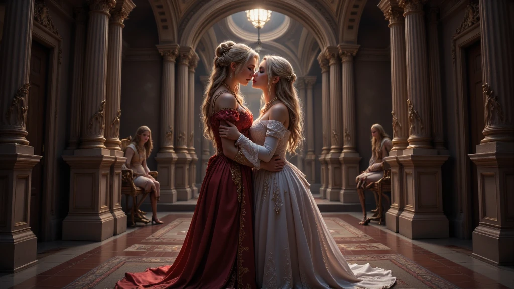 A princess and a maid, embracing and kissing in a quiet corner of a palace.