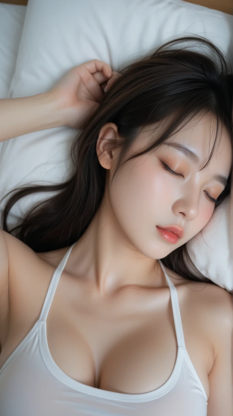 ulzzang-6500-v1.1, (RAW Photos:1.2), (Photorealistic), (Genuine:1.4), (Mastepiece), masterpiece, Absurd, The finer details, High resolution, Highly detailed face and eyes, Photorealistic, (Random Porn Pose),(Random Hairstyles), One girl, ((Lying on your back))、Black Hair, Quiet sleep、Deep sleep、peace of mind、 Adult, Fully mature, wearing a see-through nightgown、Close your eyes and wait for a kiss、Full Body Shot:1.3