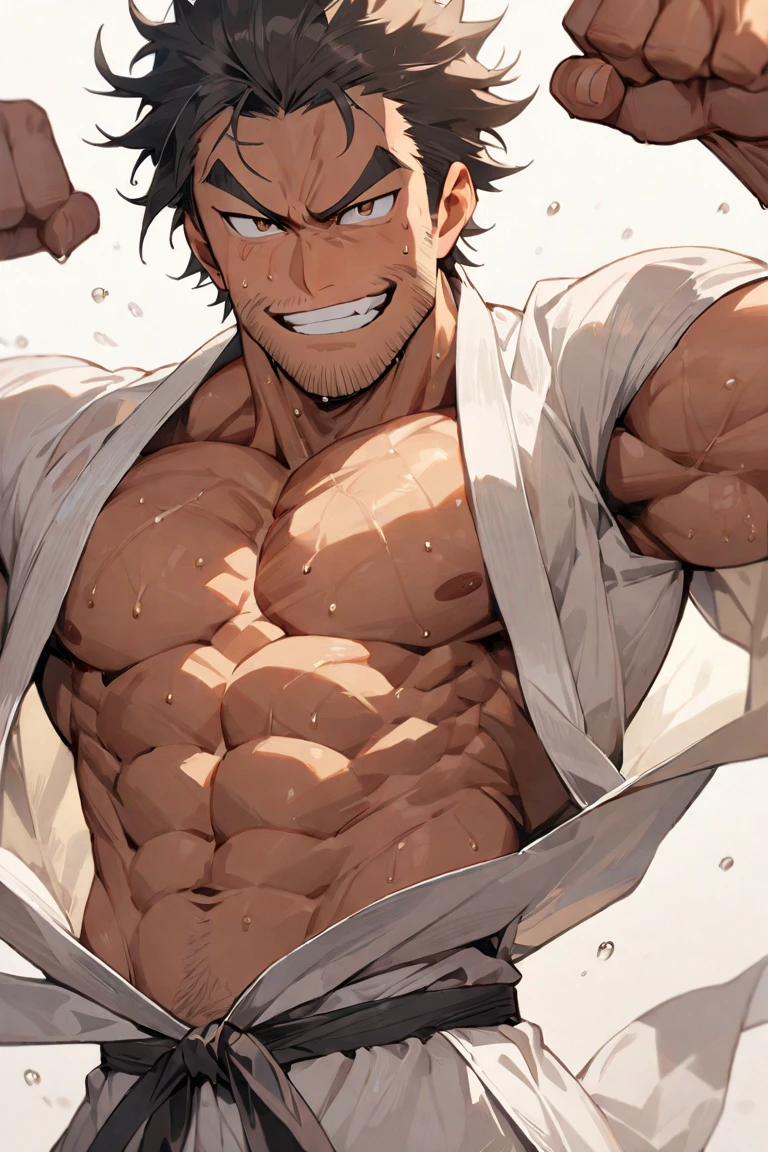 Roy Mustang from Full Metal Alchemist, bodybuilder, shirtless, smug smile, focused from the chest up