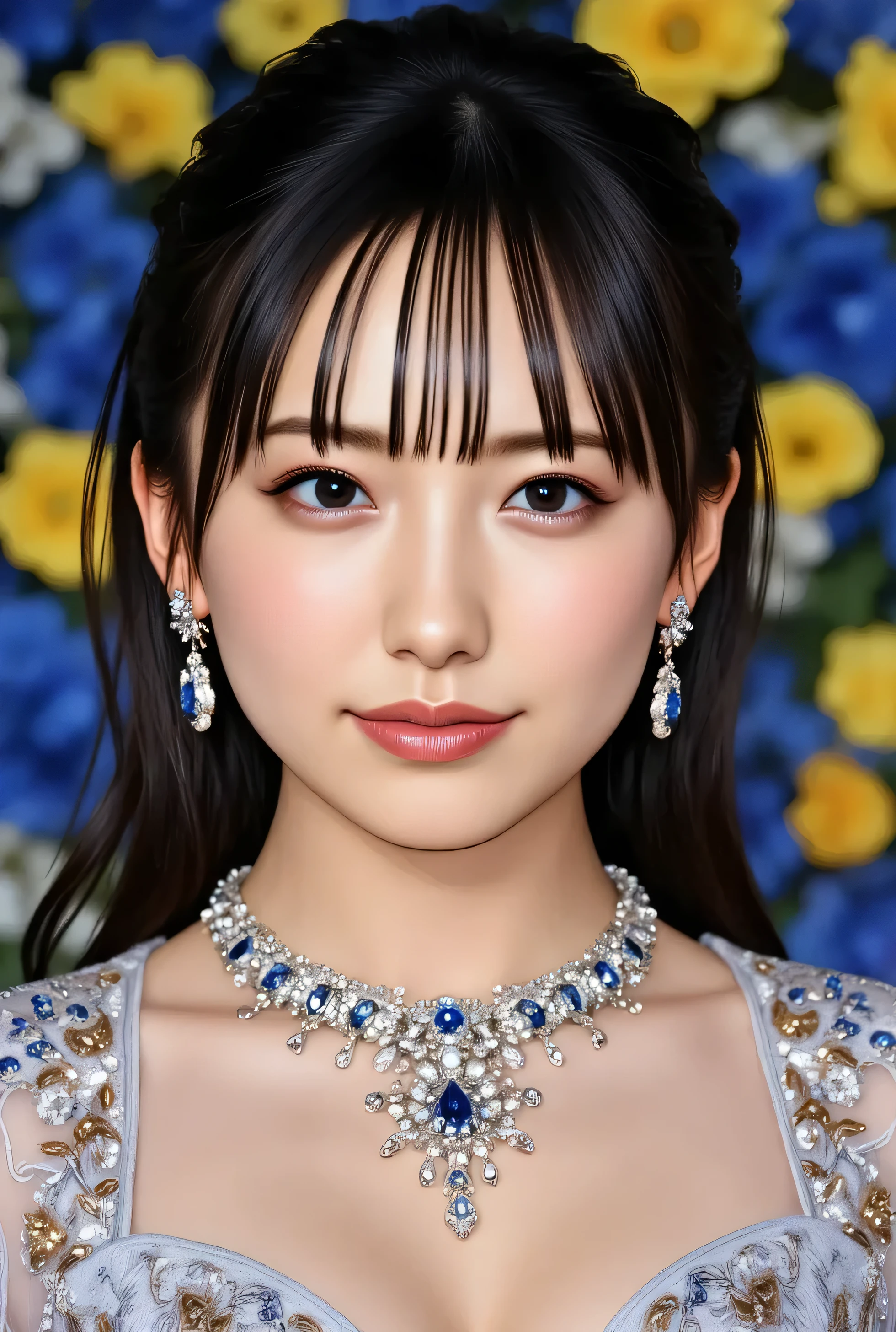 Top quality, delicate face, best quality, masterpiece, ultra high definition, (reality: 1.4), original photo, 1Girl, brown eyes, cinematic lighting, dark eyeliner, small earrings, small necklace, wind, piercing, very big breasts, big, cleavage, happy smile (original: 1.2), (real: 1.4), absurdity, incredibly absurd, ultra detailed, high resolution, ultra detail, best quality, fantastic, best quality, highly detailed CG unity 8k wallpaper, cinematic lighting, (perfect shiny skin: 0.6 ), slender flowing lines, slim waist, elaborate robes, jewelry, jewelry, gold, silver, diamonds, glitter, sapphires, rubies, emeralds, pearls,