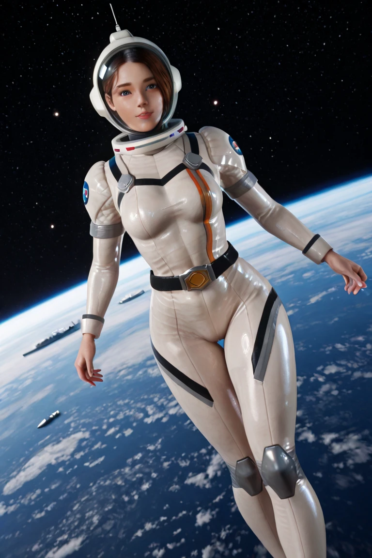 (Muscular:2), (thick thighs:1), (large round breasts:1), (large muscular chest and shoulders:1.4), FEMALE, brown hair, long brown hair, (big smile:0), (wearing a tight white spacesuit:1.5), looking at viewer, (three quarter view:1.2), upper body view, (earth at night smoke:1.5), dark lighting, detailed skin, detailed eyes, (dark skin:1.1), (very thin waist:1.3), (huge round muscles:1.5),
