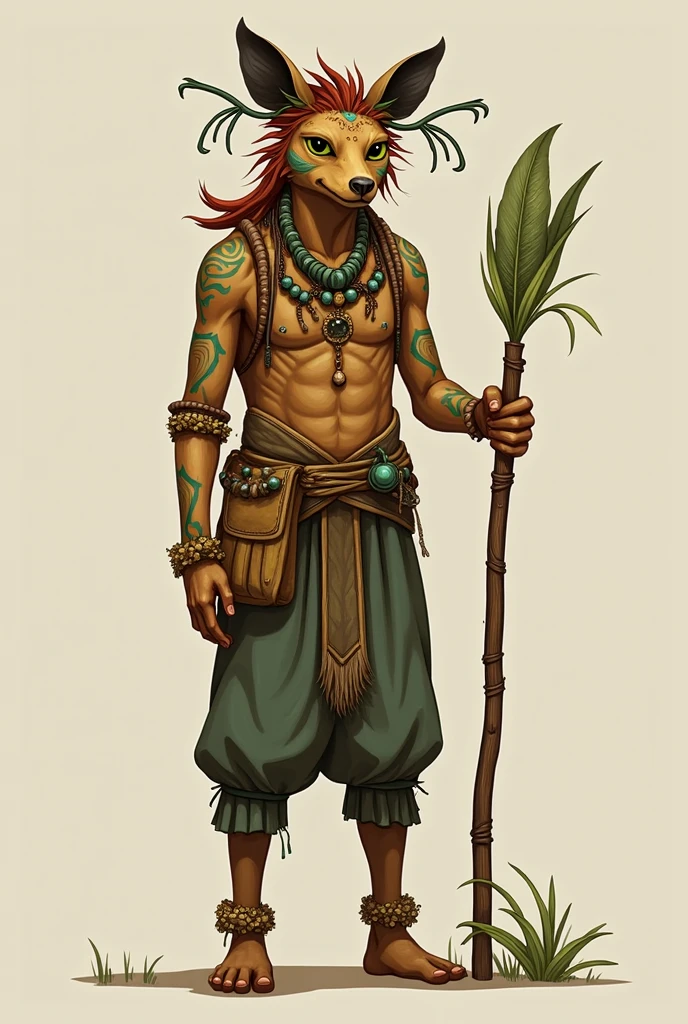 Toned African male, fit femboy, with predatory smirk, orange colored eyes, brown loincloth, dark skin, barefoot, human, solo, leopard ears, long blond messy hair, native, barefooter, bodypaint