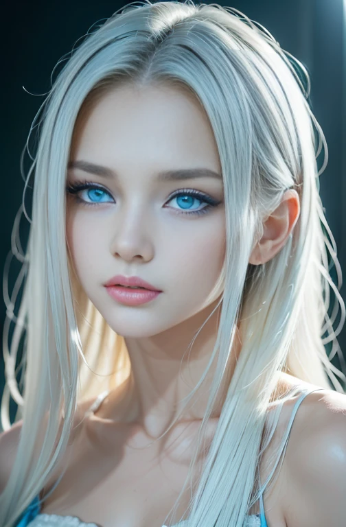 Very beautiful super long straight platinum blonde hair、Beautiful bangs between the eyes、The pieces fly, Highest quality, figure, Extremely detailed, High resolution, 8k wallpaper, Perfect dynamic composition, So beautiful、Large bright light blue eyes with shining detail、Very big eyes, Fitness Wear, Natural color lip,There is cleavage in the chest、Cheek gloss highlighter、White skin、Small Face Beauty、Beautiful girl at 22 years old、Round face