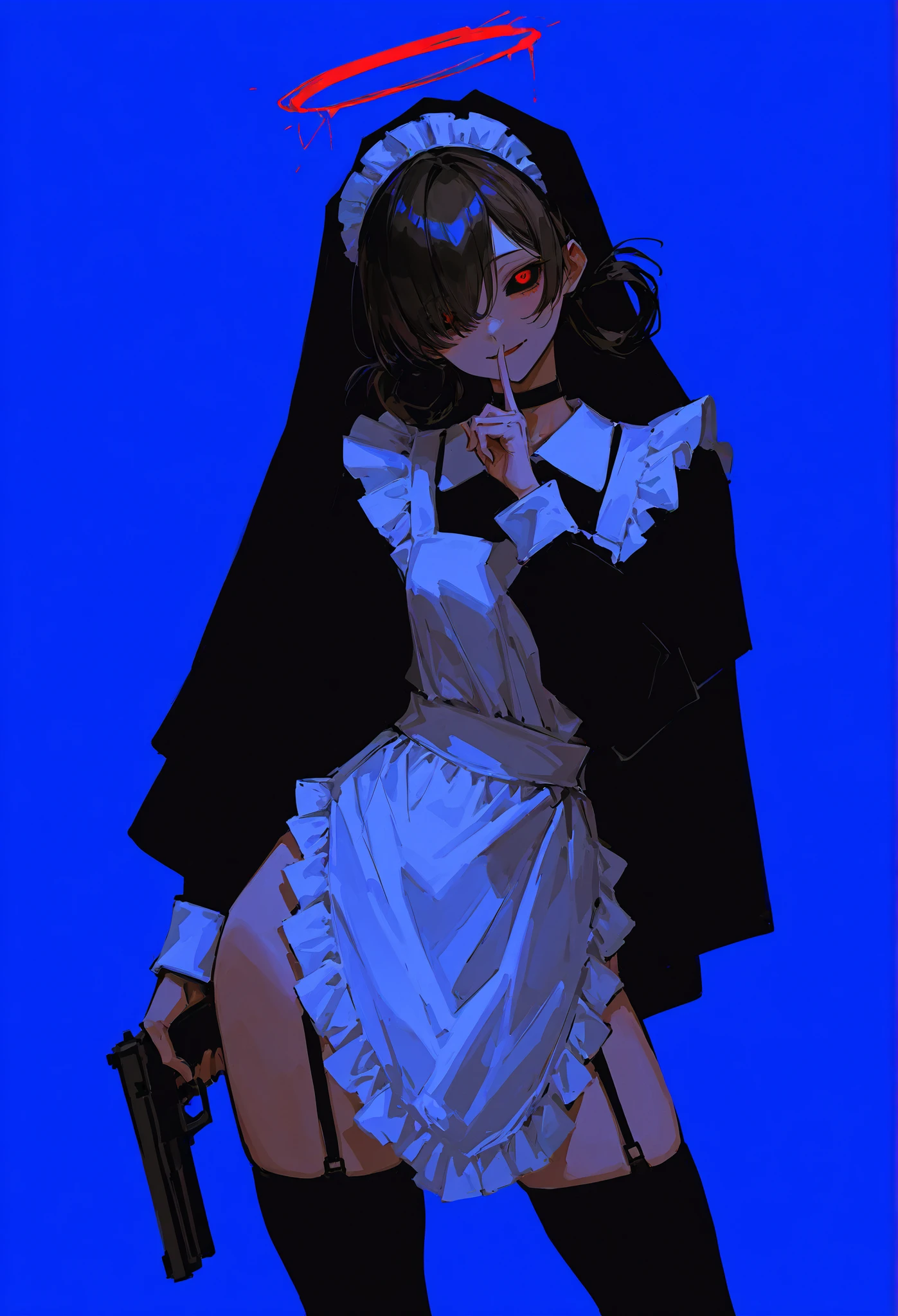 yoneyama mai, lm7 \(op-center\), 96yottea, realistic, sketch, newest, very awa, masterpiece, highres, absurdres, year 2024, year 2023,
cinematic, head tilt, black veil, wide smile, closed mouth,
close up, shushing, (contrapposto:1.1), red (halo behind head:1.2), glowing halo, holding gun,
(anorexic:1.1), (skinny:1.1), garter straps, thighhighs, cross, (looking at viewer:1.2), parted lips, standing, black choker, red eye, black sclera, hair over one eye, hair rings, white apron, maid headdress, long sleeves, 1girl, maid, wide , thick thighs,
(blue background:1.1), simple background,
usnr,