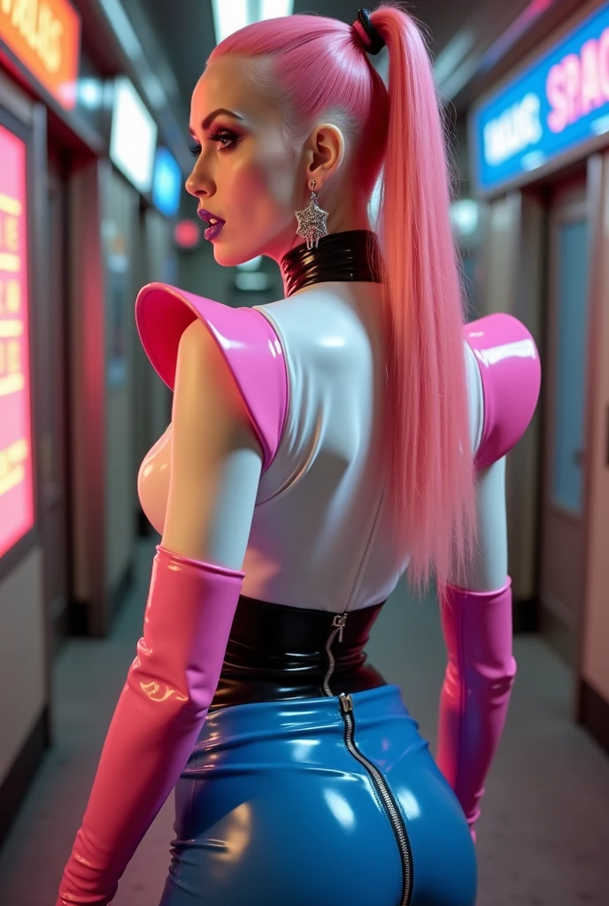 Very attractive 25 year old caucasian female with long wavy bright pink hair, dressed as spock, wearing corset, stockings, suspenders, pointed eyebrows, on bridge of uss enterprise nx1, full length, photo quality