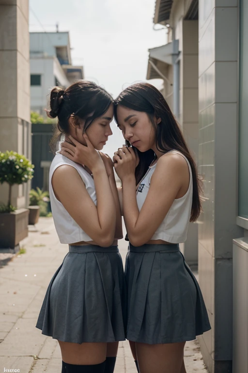 A fight between 2 Indian girls wearing skirts. In school girls toilet angry face.