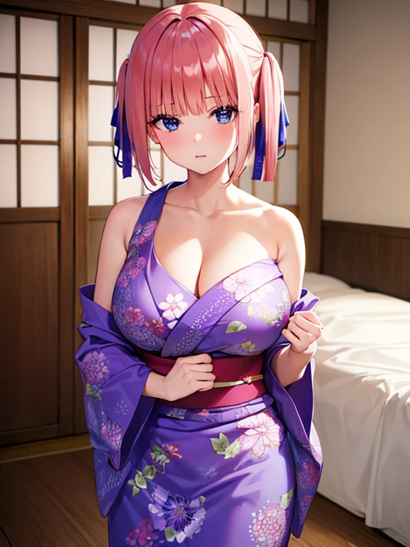 Japanese-style room in the Japan, momohd, phmomo, Solo, 1girl in,  Pink hair, Purple eyes, Short hair, Hair Flower, ????? and upwards, Big eyes, embarrassed,Sleep on tatami mats,bare-legged,Happy,Chest exposed,?????? exposed,A yukata is falling on the tatami mats