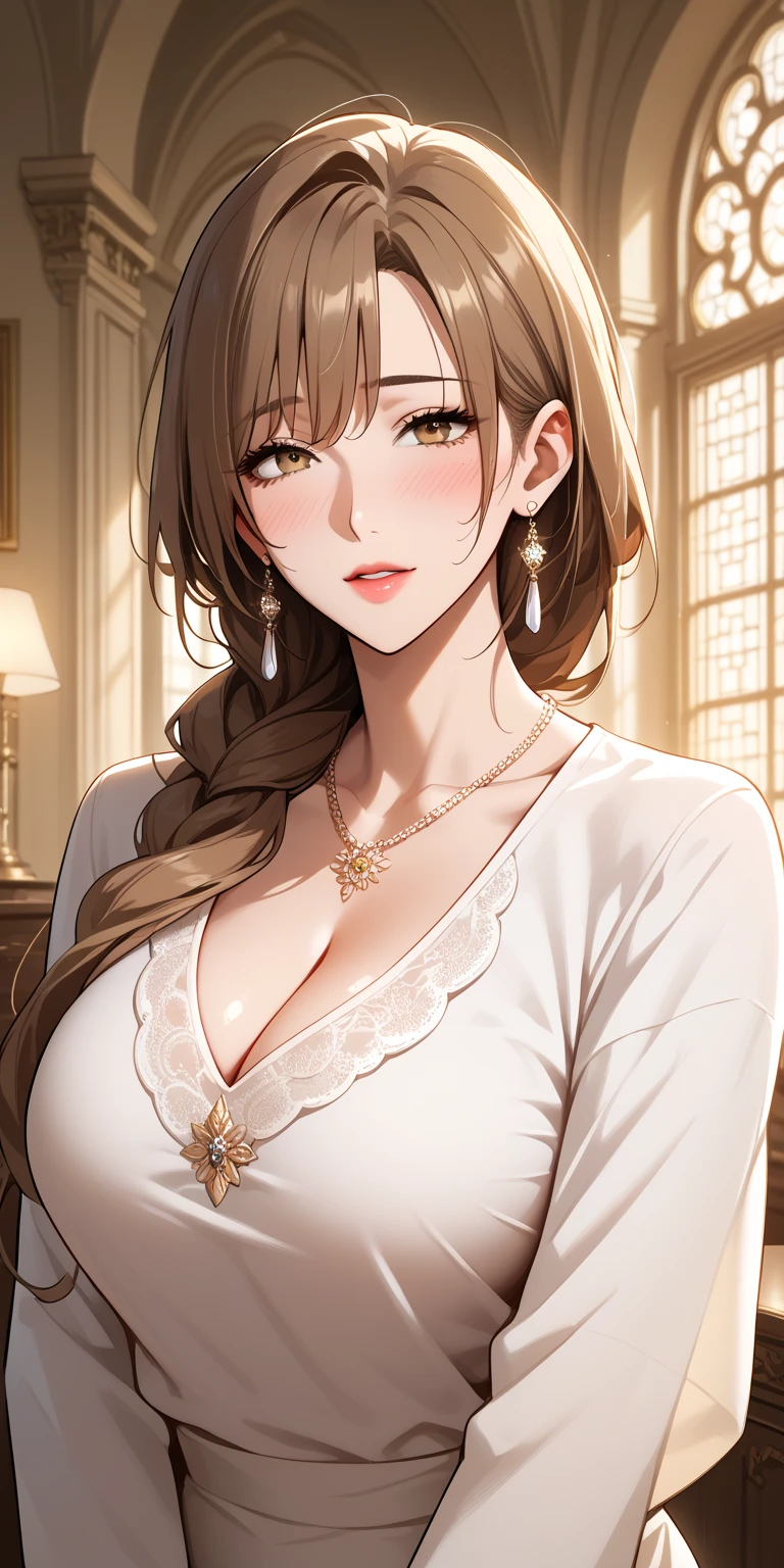 bedroom,floor(((puffy sleeves,yellow dress,short sleeves,(((1girl,clavicle,makeup, Purple hair,brown eyes,lips,ponytail,short hair,lipstick,ribbon,collarbone, ))),(((wide hips))),S-shaped body:1.7))),((masterpiece)),high resolution, ((Best quality at best)),masterpiece,quality,Best quality,((( Exquisite facial features,looking at the audience,There is light in the eyes,blush,shy))),(((Light and shadow interlace,super gigantic ,nipple))),(((Sitting on the sofa,looking into camera)))
