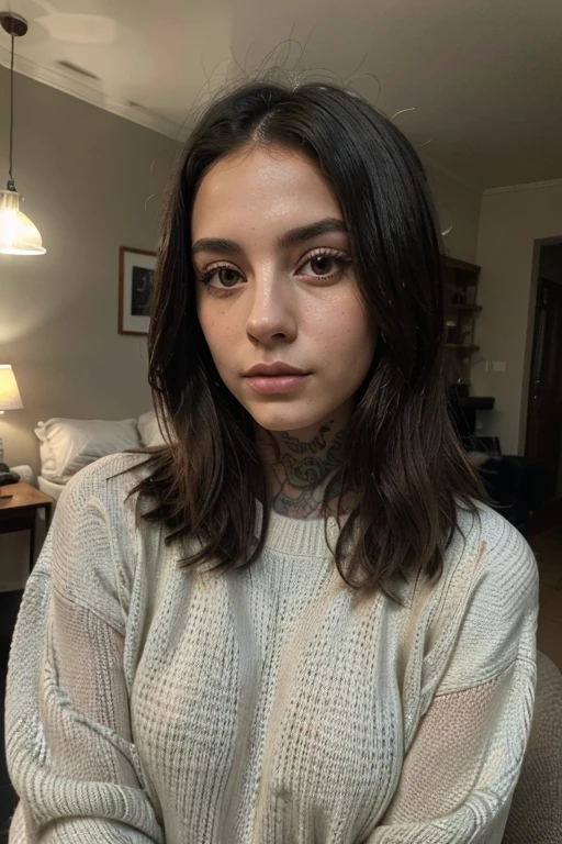 (Veuillez générer une image d'une jeune femme portant une chemise et un collier. Elle a les cheveux violet clair, grand, yeux marrons, et subtil, maquillage naturel. Le selfie devrait la montrer sans maquillage visible, et elle devrait regarder directement la caméra. Le visage doit paraître naturel et réaliste. La photo du corps entier de cette jolie femme devrait présenter une pose saisissante, and she has piercing yeux marrons. La fille a un comportement doux, et la pose doit aussi être douce. Veuillez vous assurer que le corps entier de la femme est visible sur l'image... L'arrière-plan doit être clair et épuré. Les détails de l'image doivent être de haute qualité(meilleure qualité)), ((travail de tête)), (détaillé), visage parfait