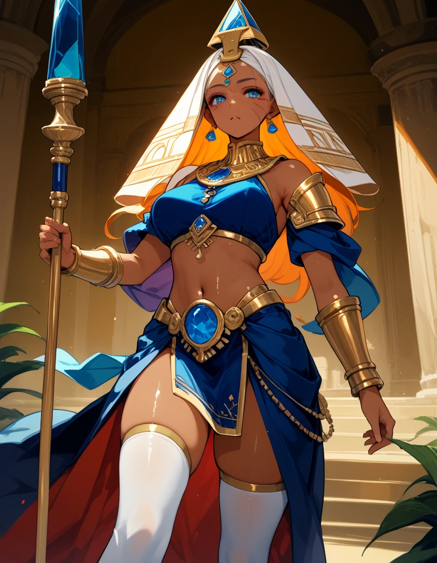 (masterpiece, best quality, high resolution, ((full body, standing,))((huge breasts)) an African queen ((dark skin)), long hair, white hair, white eyes, golden Amazon crown, pointed ears, earrings gold and purple, gold choker, gold bracelets, full body fantasy amazon dress, long white fur cape,
,((full body))
