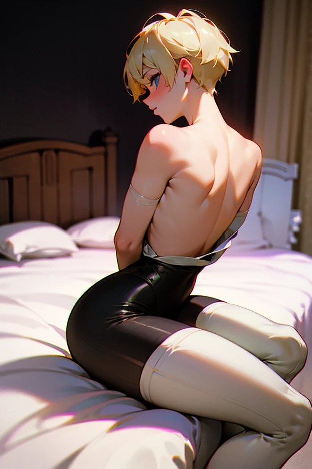 , on stomach, lying, , afb-lora, thick thighs, 1girl, solo, pillow, looking at viewer, looking back,  <lora:ass-from-behind:0.9>, ((masterpiece, best quality)), absurdres, highres, , <lora:y2b_v2-1:0.7>, hm2b, blindfold, mole under mouth, black blindfold