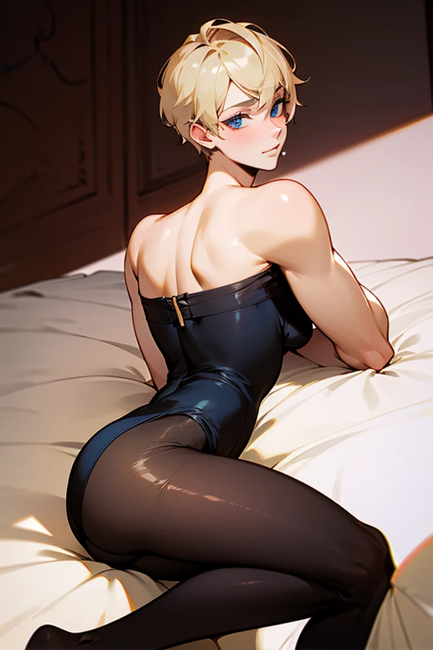 1boy, black eyeliner, male medium length hair, sharp hair texture, yellow hair, handsome, blue eyes, red lipstick, femboy, blush, thin waist, bed, half open eyes, beautiful face, long nails, kneeling, maid dress, black tights, night, lights are turned off, eyes glowing, dark room, long black transparent gloves, holds his hands behind his head,