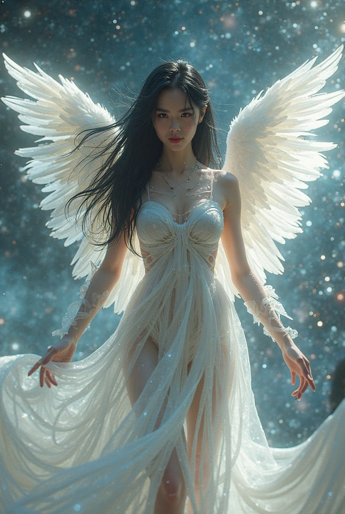 breast enhancement,reality,offcial art,8K quality,Super detail,fine detail skin,Movie Angle,cinematic textures,Movie lighting,Masterpiece,Best picture quality,deepshadow,Backlight,outline light,Black background,1 girl,Zhu lips,Messy hair,showing panties,pantyshot,underbust,1girll,Whole body,White_Stockings,Lace stock,Long hair,upper legs,Lace, Angel in white underwear walking on water，Full body angels, Naked girl, White stockings, White silk wings,, Wide-angle angel shot, white dresses，Beautiful angel in white dress,nudegirl  , crisp breasts，Gas bangs），ssmile， best qualityer，tmasterpiece，（realisticlying：1.4)