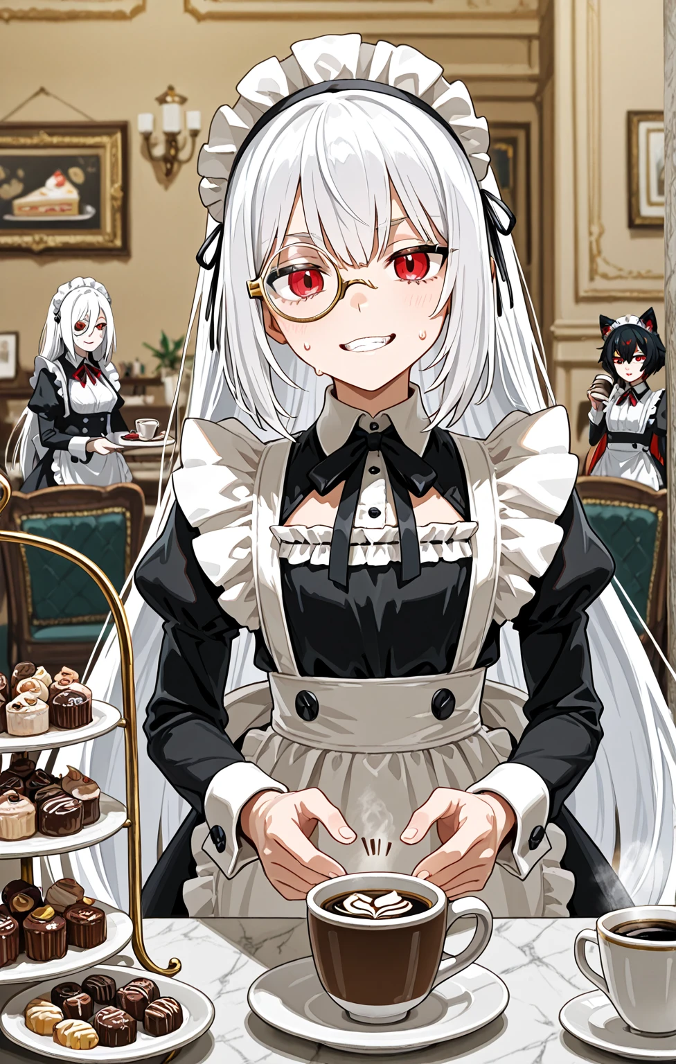 demonic old lady preparing food with her pet cat