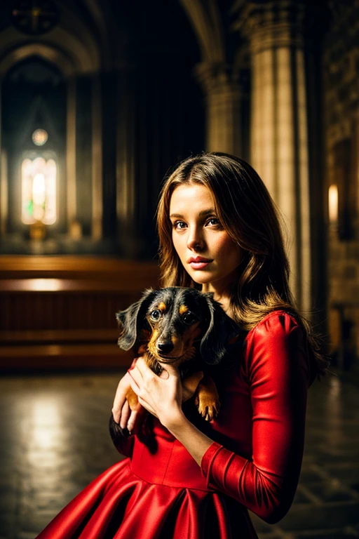 girl, blonde hair, children's pigtails hair, hair ribbon, sad expression, dog collar, Caucasian facial structure, she is wearing a sheer tight red dress,