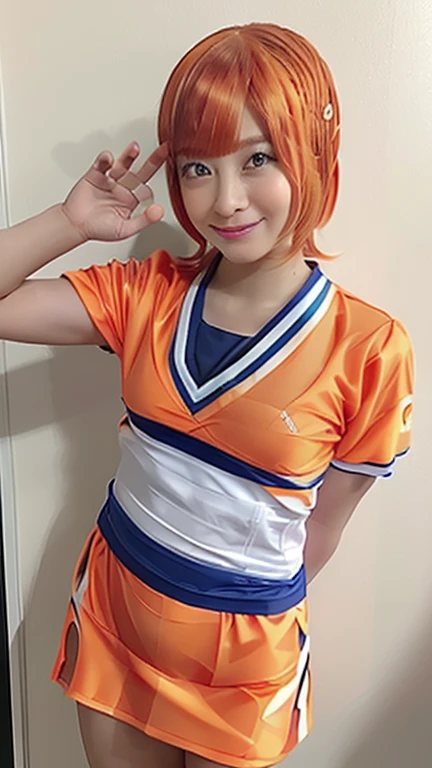 (RAW Photos:1.2), (Realistic:1.4), Beautiful Japanese Girl, Very detailed eyes and face, Beautiful details, Ridiculous, incredibly Ridiculous, Large file size, Very detailed, High resolution, Very detailed, highest quality, masterpiece, shape, Very detailed, CG, Unified, 8k wallpaper, wonderful, Fine details, masterpiece, highest quality, Very detailed CG、8k wallpaper, Light on the face, Cinema Lighting,( One Girl),(Big Ass)、Curvy,(Full Body Shot)、(the wind is strong)、26 years old、Slightly brown hair color,((short hair))、Shiny Hair、 ((basketball uniform:1.4)),Red uniform,((No sleeve)), (Basketball court:1.2), (blue sky:1.45),(Ample breasts:1.4)、Seductive pose、Small nose、Short nose、(Shiny Hair:1.4), sweat,wet,enraptured smile