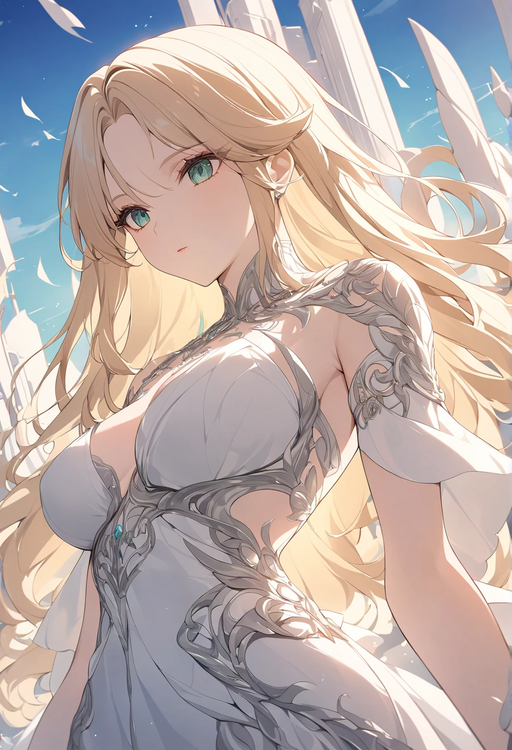 High resolution RAW color art, animation,Sculpture, Silver Marble Skin, (((Highly detailed elegant))), Magical atmosphere, Detailed skin, texture,(Exquisitely crafted, The finer details, Ultra-detailed art), Depth of written boundary, Bokeh, Silky Touch, Hyper Detail,,euphilia, One Girl,Anime girl with long blonde hair and dark turquoise eyes in a white dress, Green Eyes,Beautiful Eyes, Elegant face, Magic City, sunrise, Upper Body, (Big Hips, View from below), Under the chest