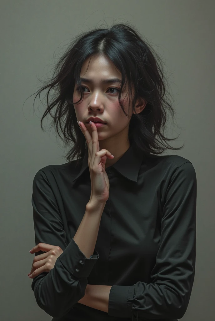 Best quality, masterpiece, ultra high res, (photorealistic:1.4), raw photo, closeup, in coffeeshop, deep shadow, dark theme, sitting down, long hair, leather jacket
 <lora:M03K4M1K0-000009:0.85>