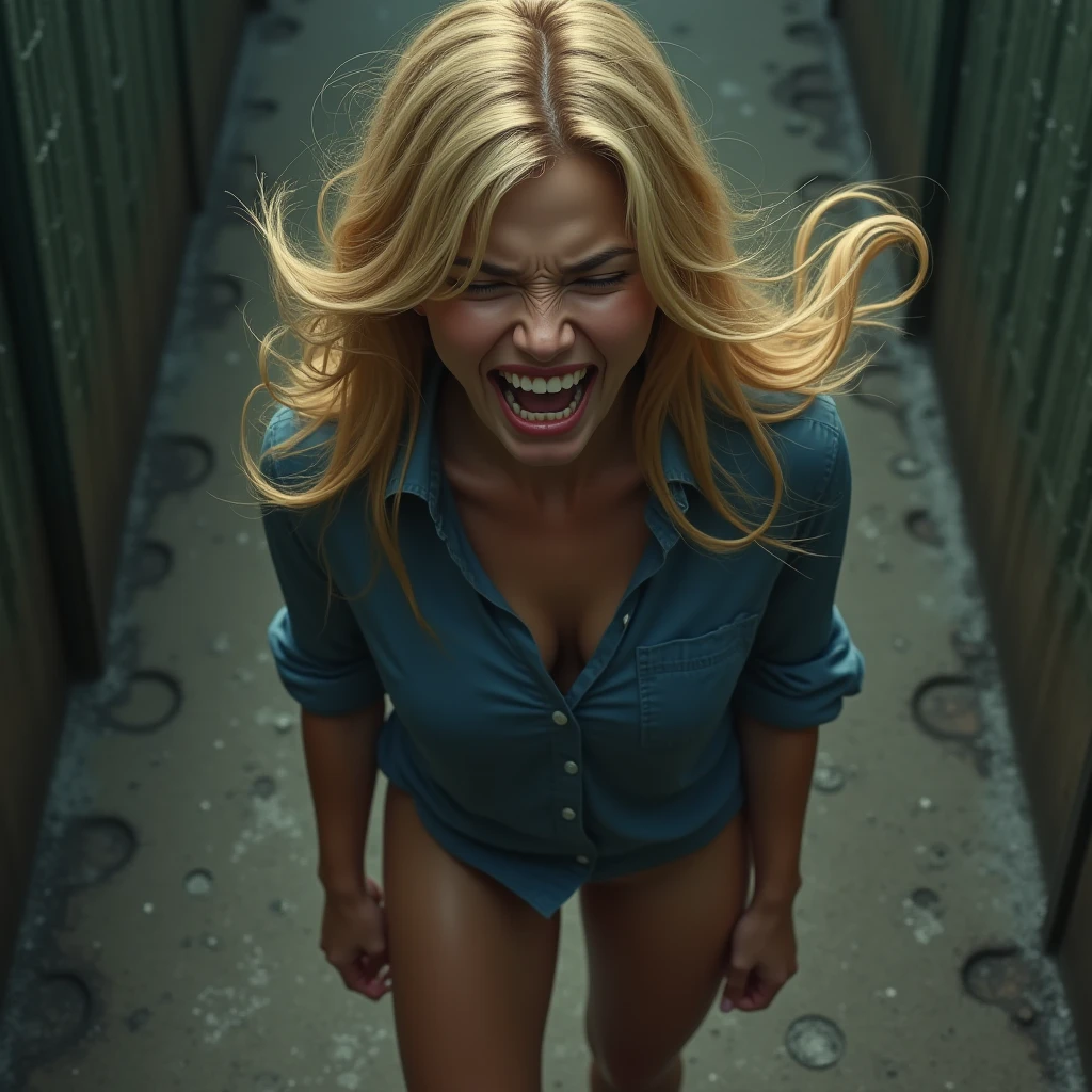 1 beautiful blonde woman running with a terrified expression,ripped denim open shirt,part naked,,streaked with dirt and grime, clothing torn,chased by a zombies,part destroyed buildings, a post apocalyptic street, damaged cars,raining,stormy,horror movie,cinematic,masterpiece