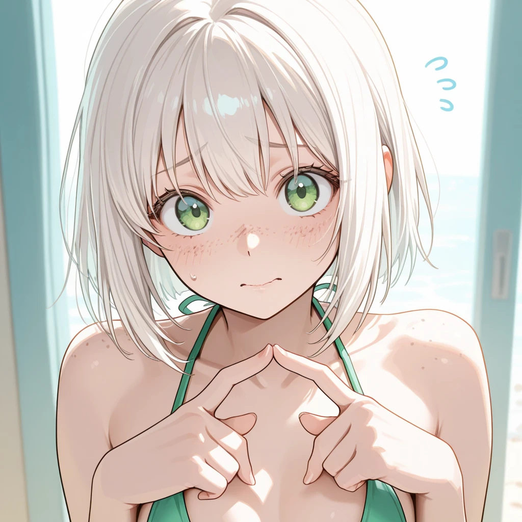 (masterpiece), (best quality), 1girl, small breasts, medium hair, wavy hair, short ponytail, green eyes, bikini, looking at viewer, blush shy, white background, hands up, armpit