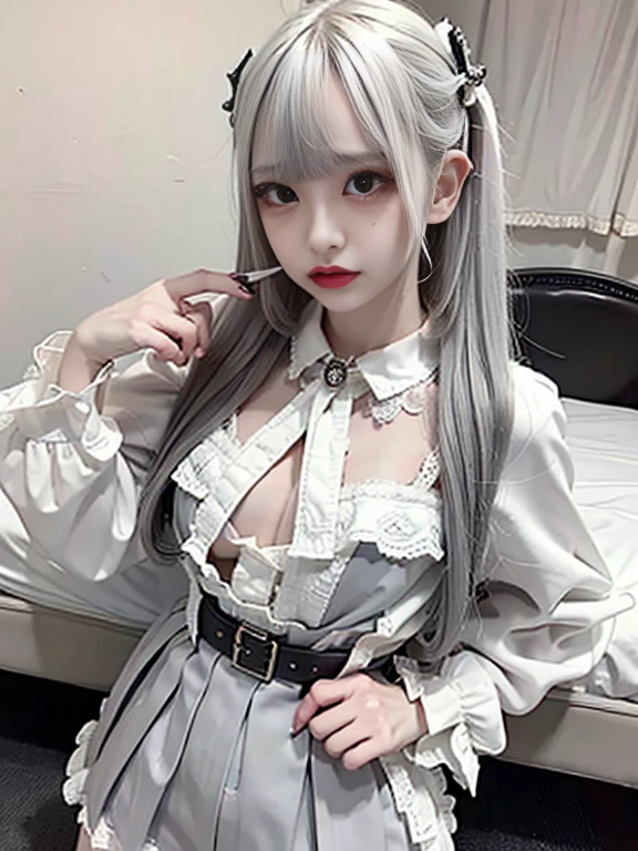 16K quality, highest quality, high resolution, real photos, (Super realistic, photorealistic)、((long shot, full body portrait)), (((open legs, spread legs, showing panties))), (((Deliberately spread legs wide open and lift up your skirt to showing panties))), dynamic angle, {{{{{skimpy}}}}}, (((micro under wear, tight pantie))), ((((tight dark pink panties)))), (perfect hand), (((black hair, bang))), {{((looking at viewer))}}, (in bright room, slight smile), RAW Photos, 8k, (Highest quality), Realistic, (live-action, Intricate details), (Natural skin texture, Detailed skin, Hyperrealism, Sharpness), (Japanese age girl standing in an abandoned apartment), ((Gray and white Jirai fashion:1.6)), (Pale skin:1.2), Slender body, ((Gray Hair, Straight long hair, Blunt bangs)), (Glasses, Fascinating face, Provocative look, Lips parted:1.3, eye shadow, eyeliner, Tear bags, Red lipstick), thigh, Dusty room, Cracked wall, Rubble pile:1.3, Spot lighting:1.3, Cowboy Shot
