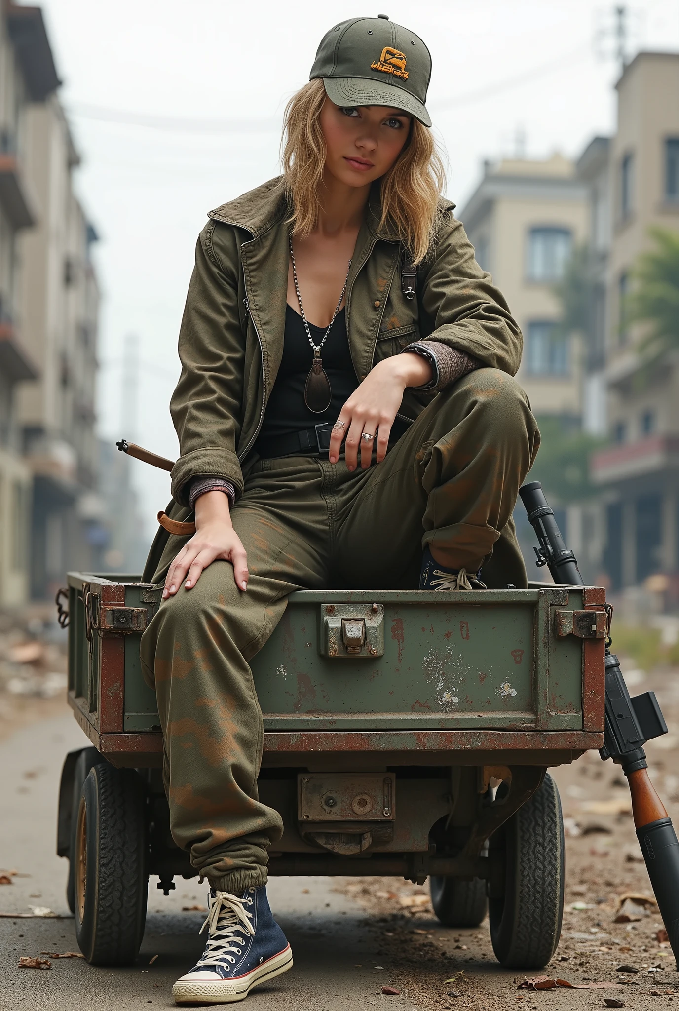 8k , A realistic photo、realistic skin texture、There is a blonde woman、and carrying luggage on the roof A small old wagon、sitting on the roof of a dirty and torn Supreme、automatic rifle leaning against a wagon、 The wagon shows signs of repair . 、motionsTshirt、 Camouflage pants、dirty sneakers in different colors、poses with、dramatic composition、 one person、、beautiful、8k , A realistic photo、realistic skin texture、A beautiful woman living in the US is riding a Honda motorcycle . 、dirty long coat、shotgun sling on the shoulder、baseball cap、High-cut sneakers、in a city center covered with debris、beautiful、Nice configuration 、