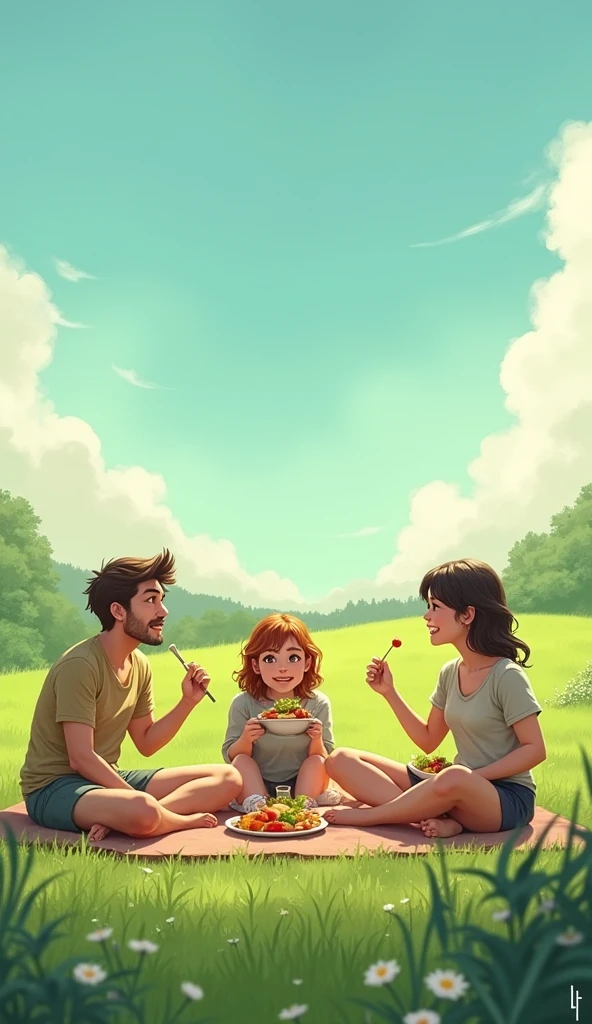 Create a light brown woman image, long straight medium brown hair, she is wearing jean shorts and a pink blouse. One of three years, blond, curly and messy hair, wearing a blue shirt and white shorts. A light-skinned man, Light brown bun hair, a little voluminous and wavy.
They are having a picnic in the mountains.