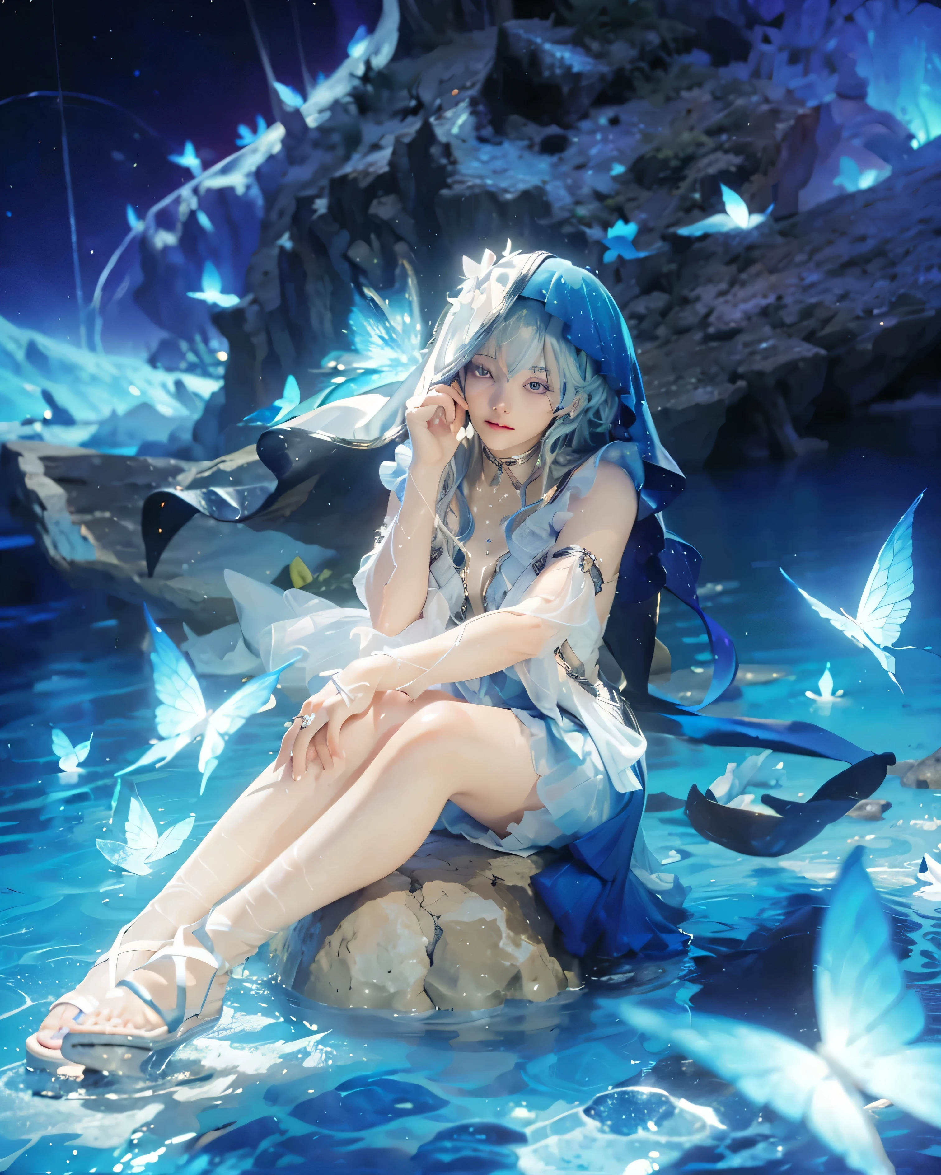 ((SHOREKEEPER (WUTHERING WAVES),((realistic, photorealistic)),(highlight hair)), Light reflection, (( HD )),((upper body)), (((best quality, masterpiece))), (masterpiece) (best quality) (detail) (8k) (HDR) (wallpaper) (cinematic lighting) (sharp focuasterpiece, best quality: 1.1), Real life adaption of this character, realistic outfit, realistic shadow, realistic light, realism, hyper realistic, realistic background,realistic hair,(photorealistic:1.2), (masterpiece: 1.2), (best quality: 1.3), (clear details: 1.3), ((((ultra-detailed)))), ((detailed eyes)), (extremely detailed face:1.4), (highly detailed eyelash:1.6), masterpiece,best quality,ultra-detailed,very aesthetic,((masterpiece)),(best quality),extremely detailed, 8k wallpaper,ultra detailed, Shorekeeper (Wuthering Waves), 1 girl, 1 male, blue eyes, glowing hair, Beautiful body, soft lips, Ultra HD eyes,Super HD eyes, glowing eyes, Ultra HD body,Super HD body,Hyper-realistic body, Cosmic background, Focus on full growth, Super HD, A man puts a ring on her finger, Makes an offer, emotions of happiness, Tears of joy, Beautiful dress, Transparent veil, Night background, water reflection, They are standing on the shore,masterpiece, best quality, 1 girl, 1 male, blue eyes, glowing hair, Beautiful body, soft lips, Ultra HD eyes,Super HD eyes, glowing eyes, Ultra HD body,Super HD body,Hyper-realistic body, Cosmic background, Focus on full growth, Super HD, A man puts a ring on her finger, Makes an offer, emotions of happiness, Tears of joy, Beautiful dress, Transparent veil,Sitting on the rocks in the middle of, They are standing on the shore,masterpiece, best quality,1girl, purple eyes, colored eyelashes, blue hair, hair intakes, medium hair, two-tone veil, blue butterfly on veil, silver choker, frills, sleveless dress cutout, halterneck, transparent leotard under dress, blue crest between breasts, armlet, high-low skirt, back bow, patterned leg, strappy heels , see-through,outdoors, (perfect hands perfect anatomy)