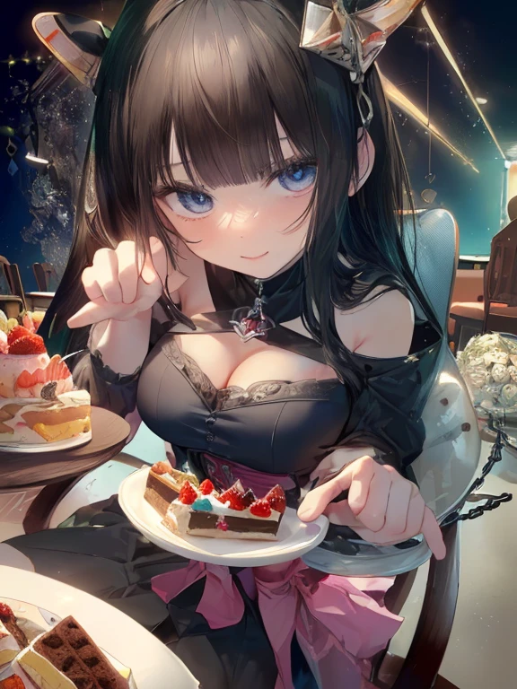 1 girl, small nose, very beautiful detailed face and eyes, bright colors, cute face, delicate beautiful face, Bright magenta eyes, cute eyes, sparkling eyes, Big eyes, (big breasts:1.3), (perky chest:1.1), (pointed chest:1.0), (cake magazine cover:1.3),highest quality, WorKs of masters, High resolution,BlacK color hair,shiny hair, side ponytail,hair between eyes,bangs, (black jacket, real clothes, cleavage, black skirts, black thighhighs, thigh strap, fingerless gloves, single glove:1.2) , spread legs, panties shot, medium hips, glamorous body, white skin, smile, thin pubric hair, super beautiful face, Super beautiful eyes, Super beautiful hair,trendy outfit,sexy and attractive,full body esbian, Real World, Natural light,perfect Natural light,(with sparkling eyes and a contagious smile), This masterpiece is not only visually stunning but also tells, make of cake cooking , in the kitchen, open mouth, looking at viewer,