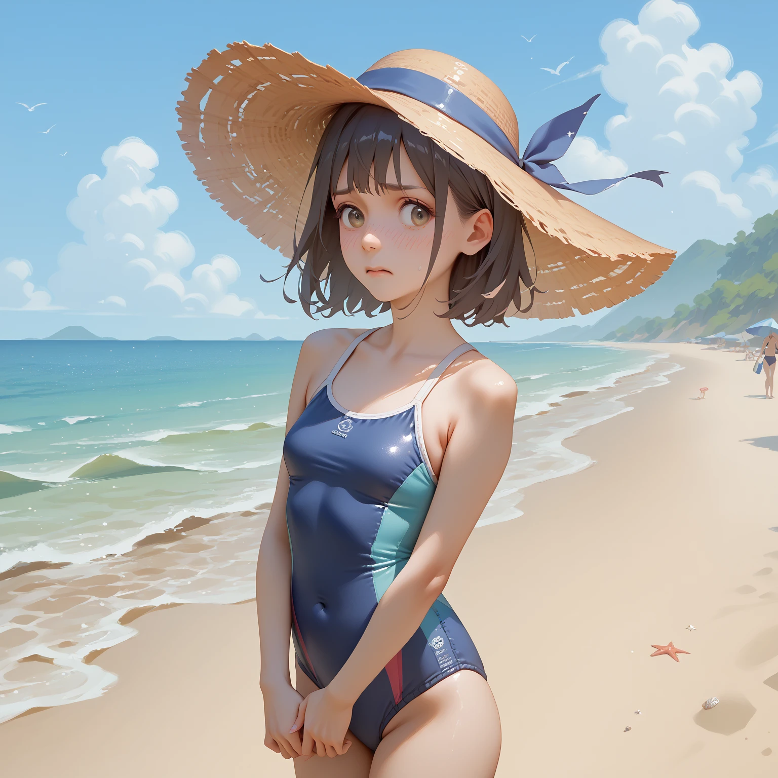 (high quality, High resolution, Very detailed, reality:1.37), Peaceful atmosphere, (Sandy Beach), girl standing alone, (my breasts are big.), Beautiful details, Cute Smile, (Black bob hair), Floral print one piece swimsuit, barefoot.