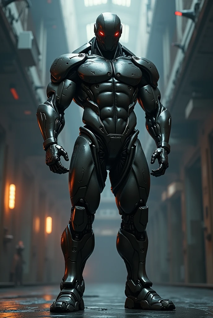 Muscular male android, half human and half robot.