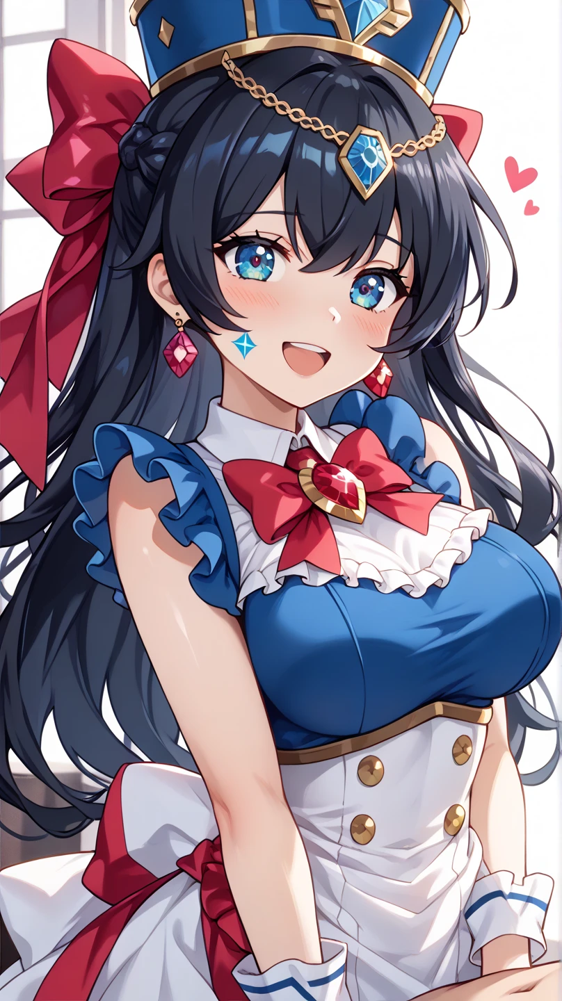 (High resolution:1.4), (masutepiece:1.2), (High quality:1.3) 1girl, saten ruiko, green eyes, long hair, black hair, small breast, (hestia, rei no himo, breasts, long hair, blue ribbon, twintails, gloves, ribbon, dress, rei no himo, large breasts, blue eyes, black hair, white gloves, cleavage, white dress, hair ribbon, bow, sleeveless, sleeveless dress, bangs, cleavage cutout, hair ornament, bowtie, clothing cutout, very long hair, covered navel, arm ribbon),, cinematic lighting,  pov, dynamic angle, open mouth, grin, comiket_cosplay_Hiroba comiket_cosplay, N4