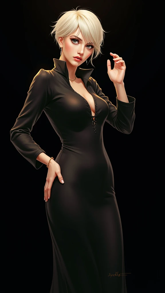 ((best quality,4k,highres,masterpiece:1.2)),((character concept art)), 1 female, age 21, German origin. With her platinum blonde hair, icy blue eyes, and an enigmatic aura, she exudes an irresistible allure. Known in the art world as a resourceful and cunning art dealer, Elsa's rumored shadowy past only enhances her intriguing persona. Her body language is as captivating as her intellect, always exuding confidence and sophistication. She is wearing a tailored, sleek black Hugo Boss Style Night Gown, characterized by its luxurious satin fabric, deep V-neckline, and a flowing skirt. The gown's minimalist black color enhances her enigmatic persona. Complementing her attire is a diamond necklace that matches the sparkle in her eyes. Her shoes are Christian Louboutin high heels that add to her stature and grace. ((intricate detail)), super finely detailed hands, ultra finely detailed fingers(((ten fingers))), (standing confidently), (full body showcase), (show full body), (no logos on background), (no logo), ((plain background)), ((plain background)), (((empty background))).